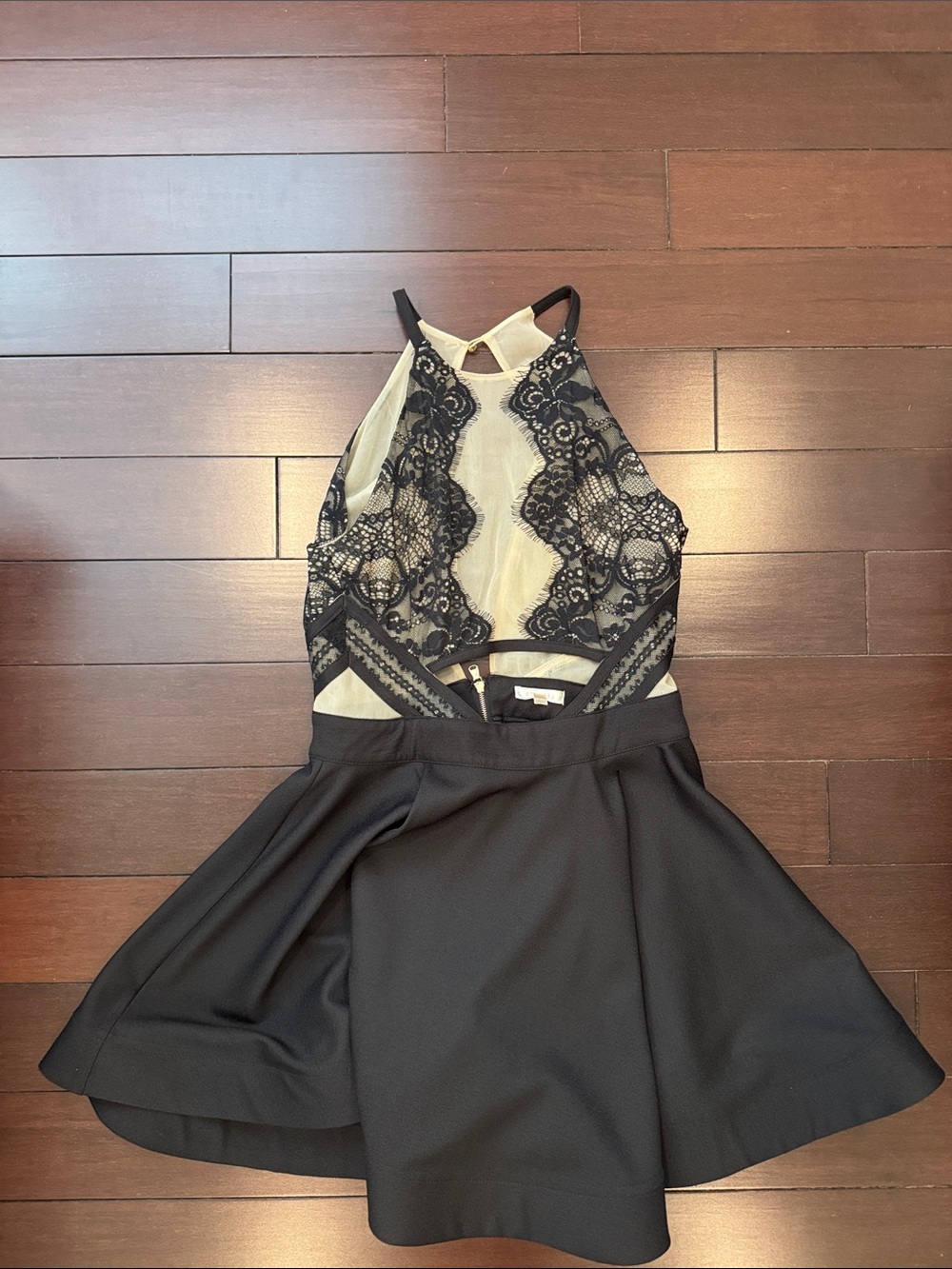 Black Lace Halter Skater Dress with Ivory Lining